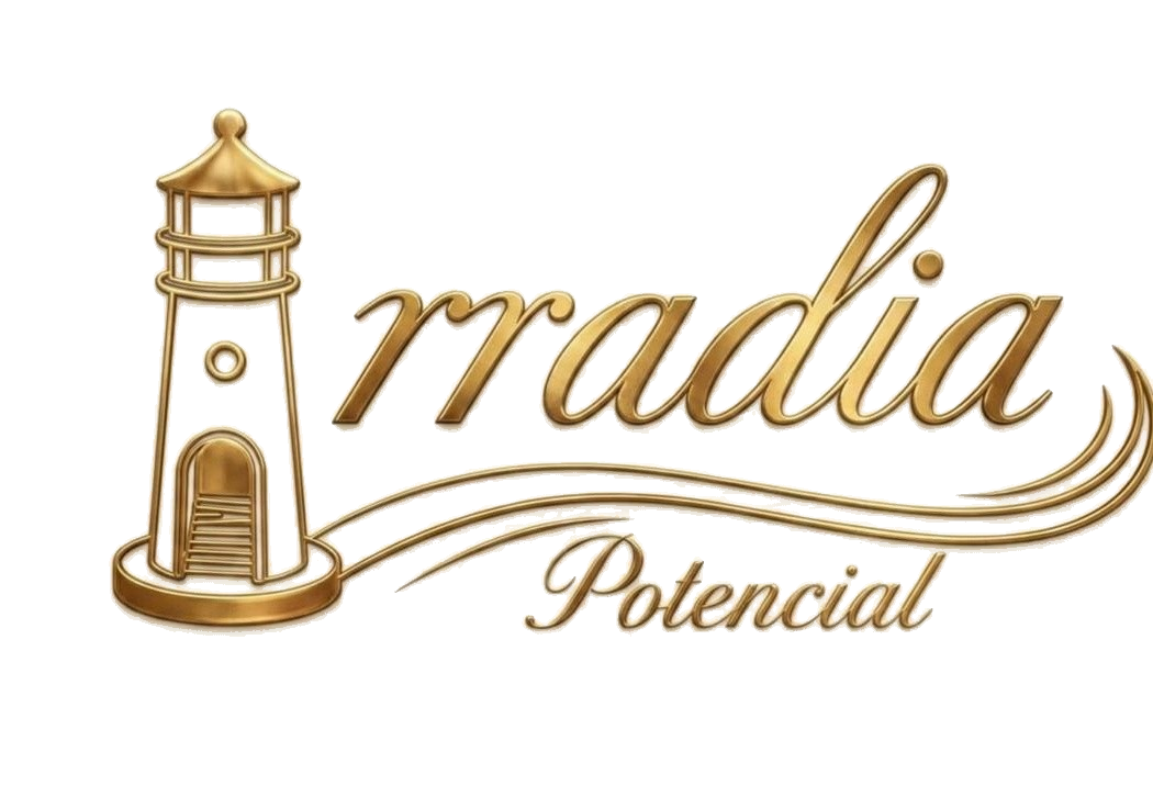 Logotipo de Irradia Potencial: faro dorado junto al texto Irradia Potencial